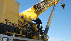 Inspecting a weld on a RT crane